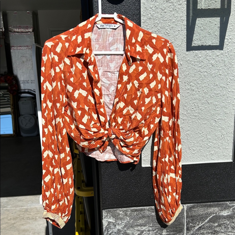 Zara Terracotta and Ivory Patterned Blouse